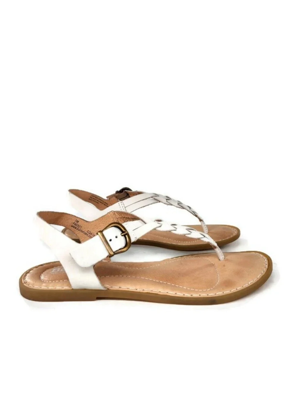 Born Lake White Leather Braided T-Strap T-Post Slingback Buckle Flat Sandals